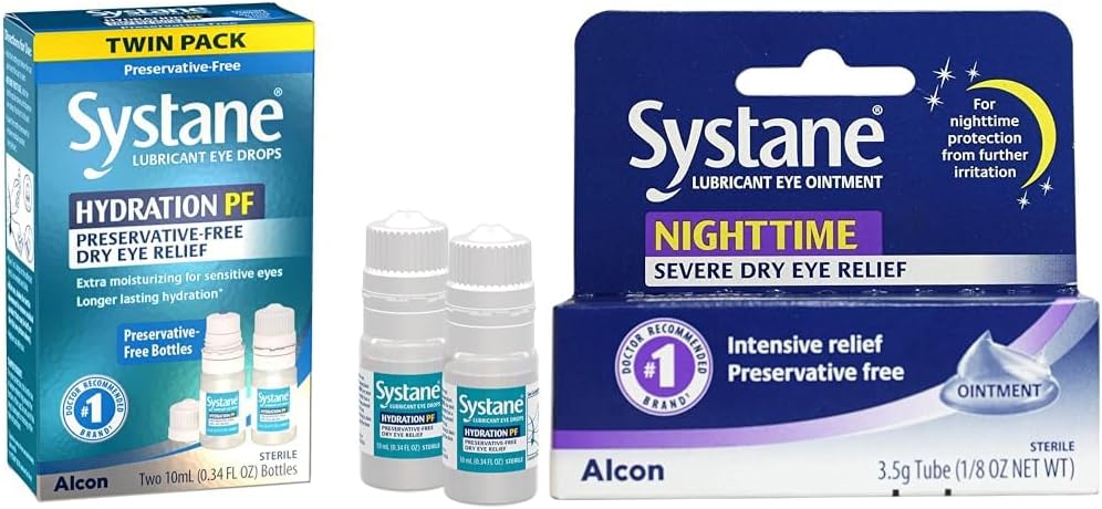 Systane Hydration Multi-Dose Säilöntäaineeton silmätippa Kuivat silmät Twin Pack (2x10ml) & Nighttime Voide 3.5g Tube