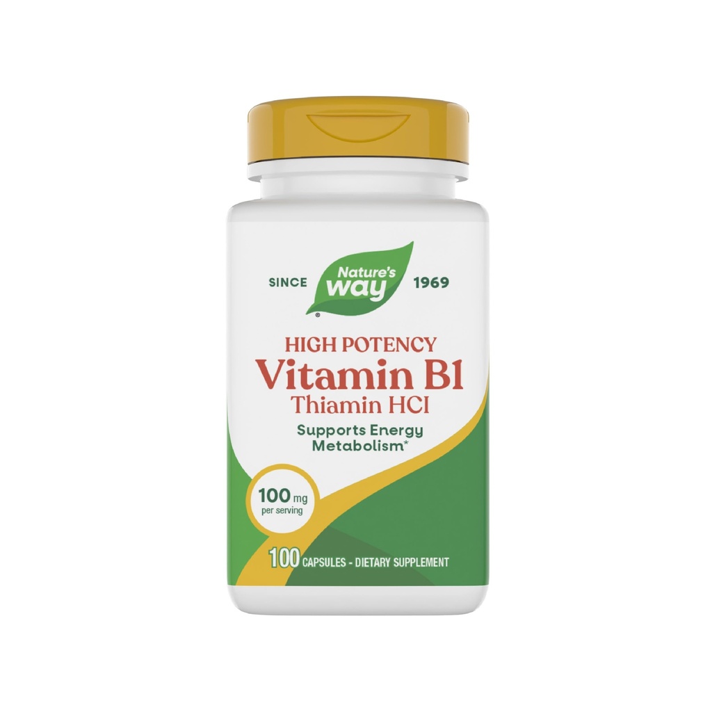 Nature's Way B1, High Potency, 100 mg Thiamin per Serving, Thiamin HCl, tukee energian aineenvaihduntaa*, Gluteeniton, 100 kapselia (Pakkaus toukokuussa Vary)