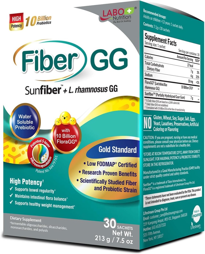 LABO Nutrition FiberGG, Lactobacillus Rhamnosus GG 10 Billion CFU Active Probiotics och 7g Sunfiber Prebiotic Fiber Supplement, Support Healthy Intestinal, Immune Health, Gluten Free, 30 Sachets