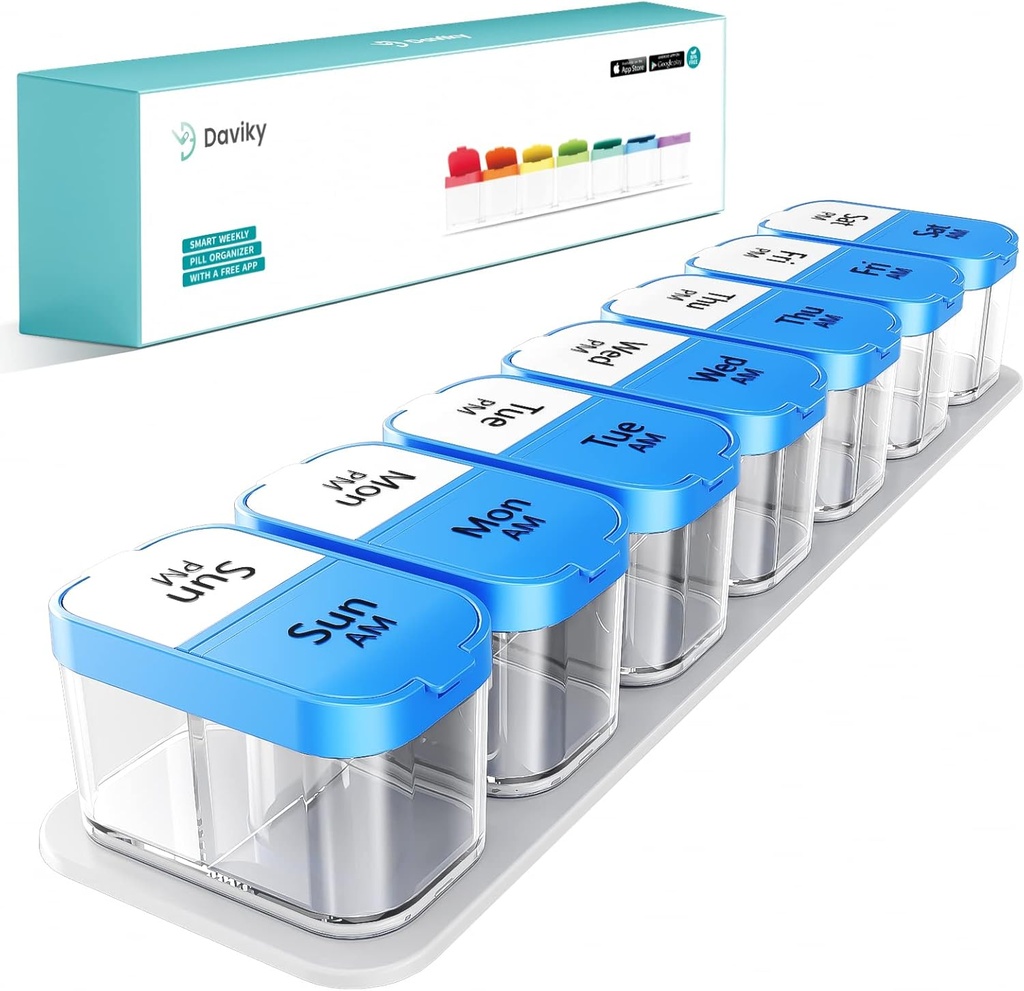 Daviky Large Pill Organizer 2 Kertaa päivässä - XL Pill Box 7 Päivä, Iso Vitamiinin Holder 7 Irrotettavat AM / PM Osastot, Big Supplement Container viikoittain tai päivittäinen käyttö (sininen)