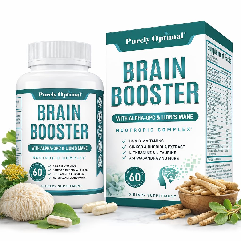 Puhtaasti optimaalinen aivojen booster nootrooppinen täydentää Aivojen tuki muistia, keskittyä, selkeys, Jitter-free energiaa aikuisille, Seniorit Ginkgo Biloba, Alpha GPC, Lion... 60 kapselia