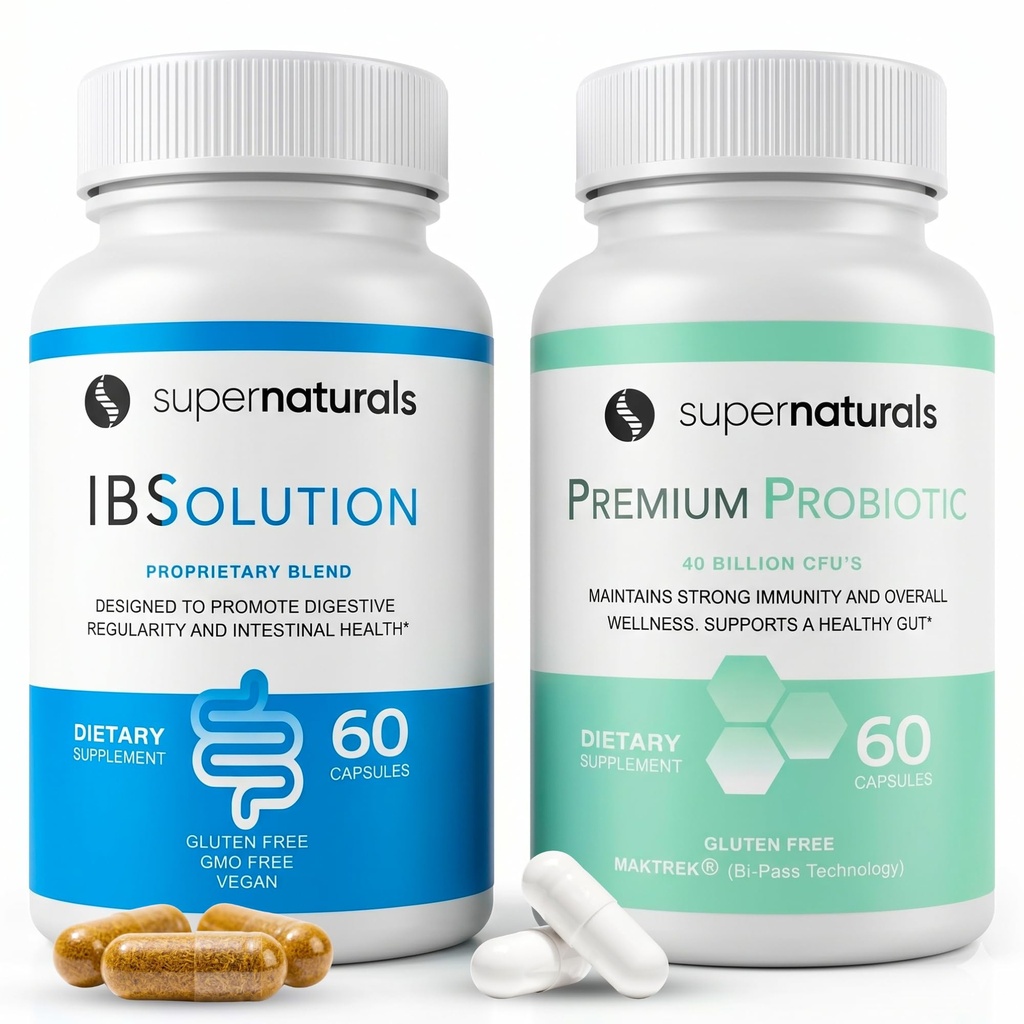 IBSolution Gut Health Bundle - All Natural Gut Health Support & Premium Probiootit w/ 40 miljardia PMY tukea epäsäännöllinen Bowels, turvotus, ummetus, kaasu, vatsakipu - 2 pakkaus (120 Caps)
