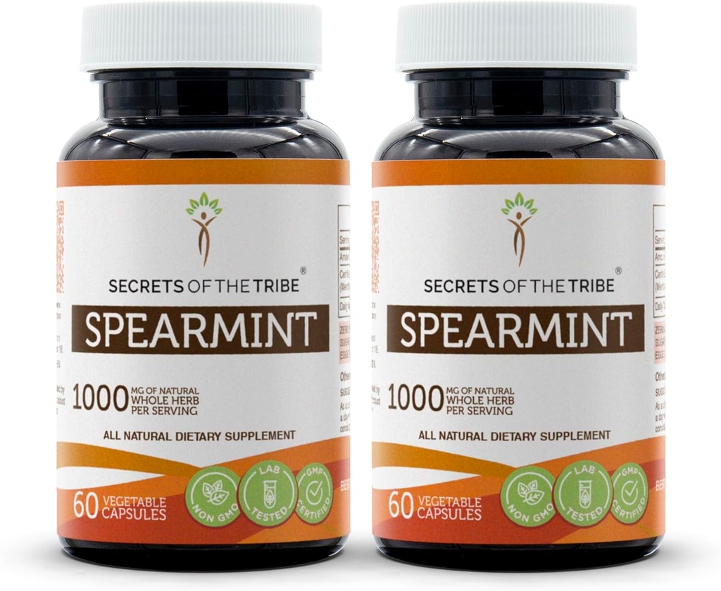Hemligheter i Tribe Spearmint Capsules 1000 mg Spearmint (Mentha spicata) Torkade Leaf, Women's Hormone Support Supplement (2x60 kapslar)