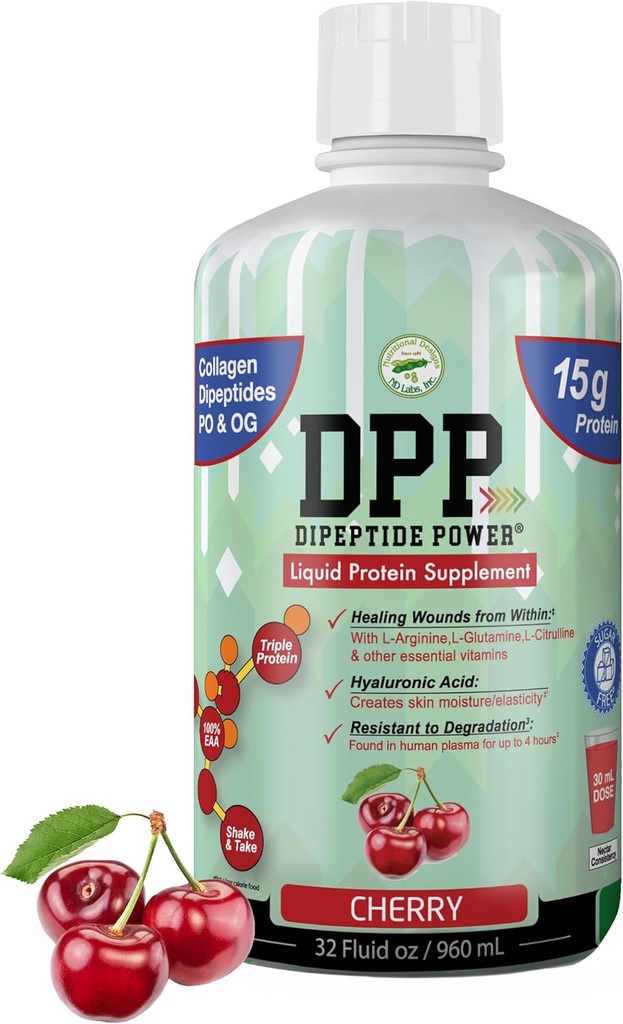 DPP Dipeptide Power, Haava-parannus, 30X Lisää Collagen Dipeptides Than Powder, Liquid Protein Sugar-free, Tukee Terve kudos korjaus, Jalkojen haavat, Kosmeettinen leikkaus (Cherry, 32 Fl Oz)