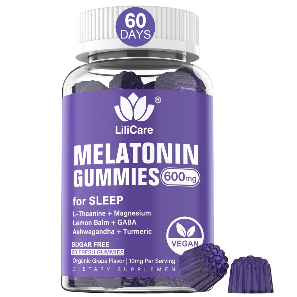 Melatoniini Gummies 10 mg 20 mg aikuisille, Extra Strength L-Theanine, Ashwagandha, Magnesium, Turmeric, GABA, Lemon Balm ja Chamomile tukee Health Circadian Rhythm, Vegan Grape Flavor
