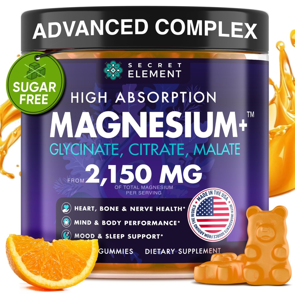Magnesium Glycinate 2150MG Naisten ja miesten sokerittomat, suuren imeytymisen magnesium Glycinate, Sitraatti, mate Gummies aikuisille ja lapsille, unituki, sokeriton, vegan, 60 Chews, Orange