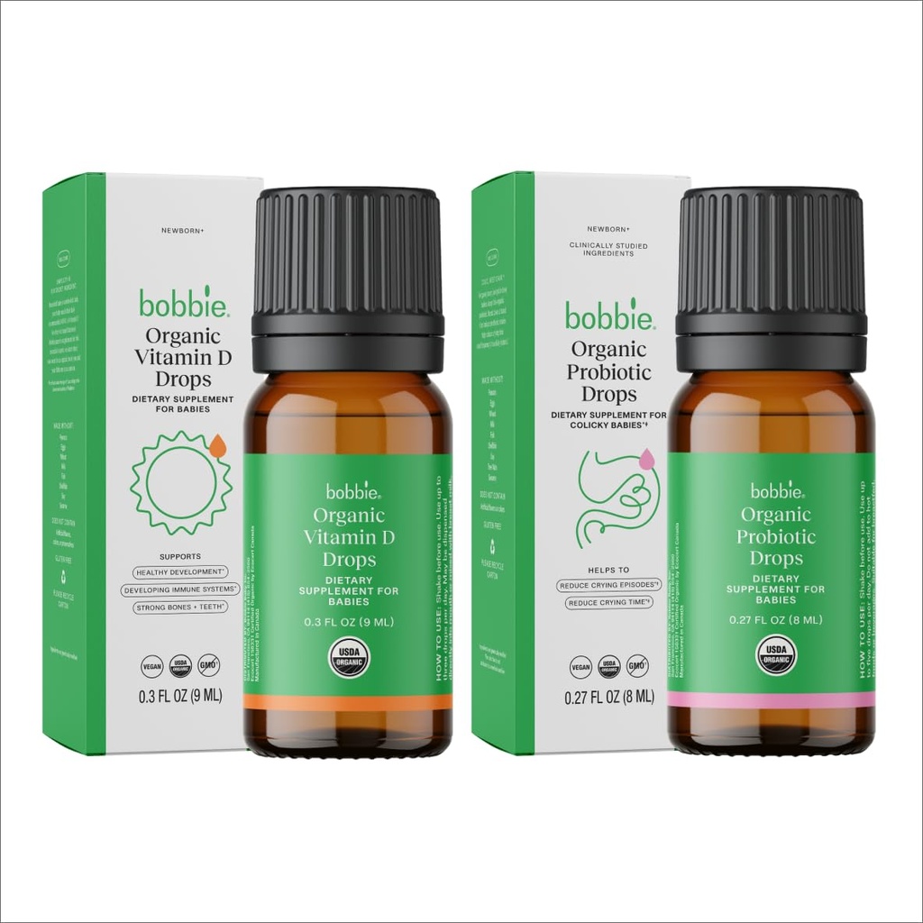 Bobbie Organic Baby D-vitamiini ja Probiootti Drops Bundle, Daily Liquid lisäravinteet Immuuni-, hampaiden, luun ja digestiivisen terveyden tuki Vastasyntyneille Vauvoille ja pikkulapsille, Vegan, Infant-Friendly Formula