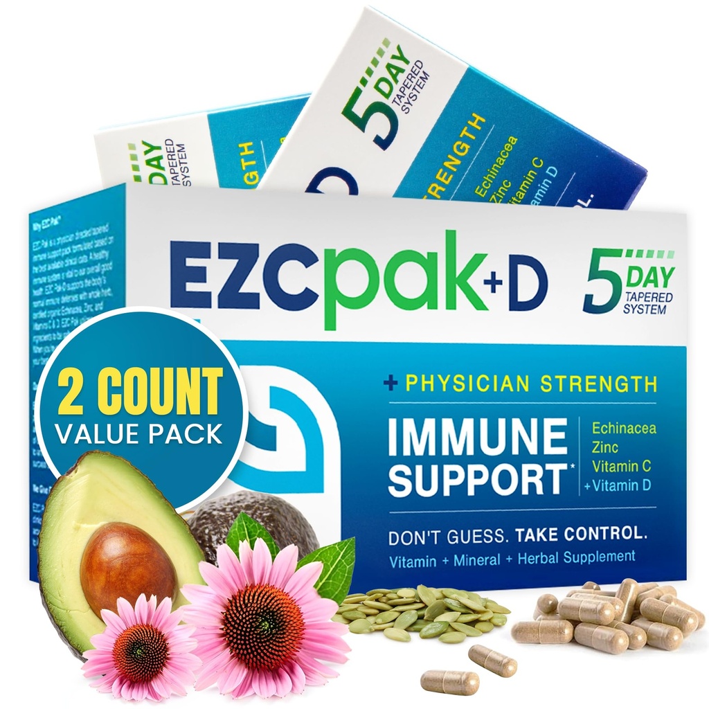 EZC Pak 5-Day Immunomy System Booster Echinacea, C-vitamiinia, Sinkkiä ja D-vitamiinia - Taped Immuuni tuki täydentää aikuisille - Tukee immuniteetit, helppo matka-koko täydentää Pack - (pakkaus 2)