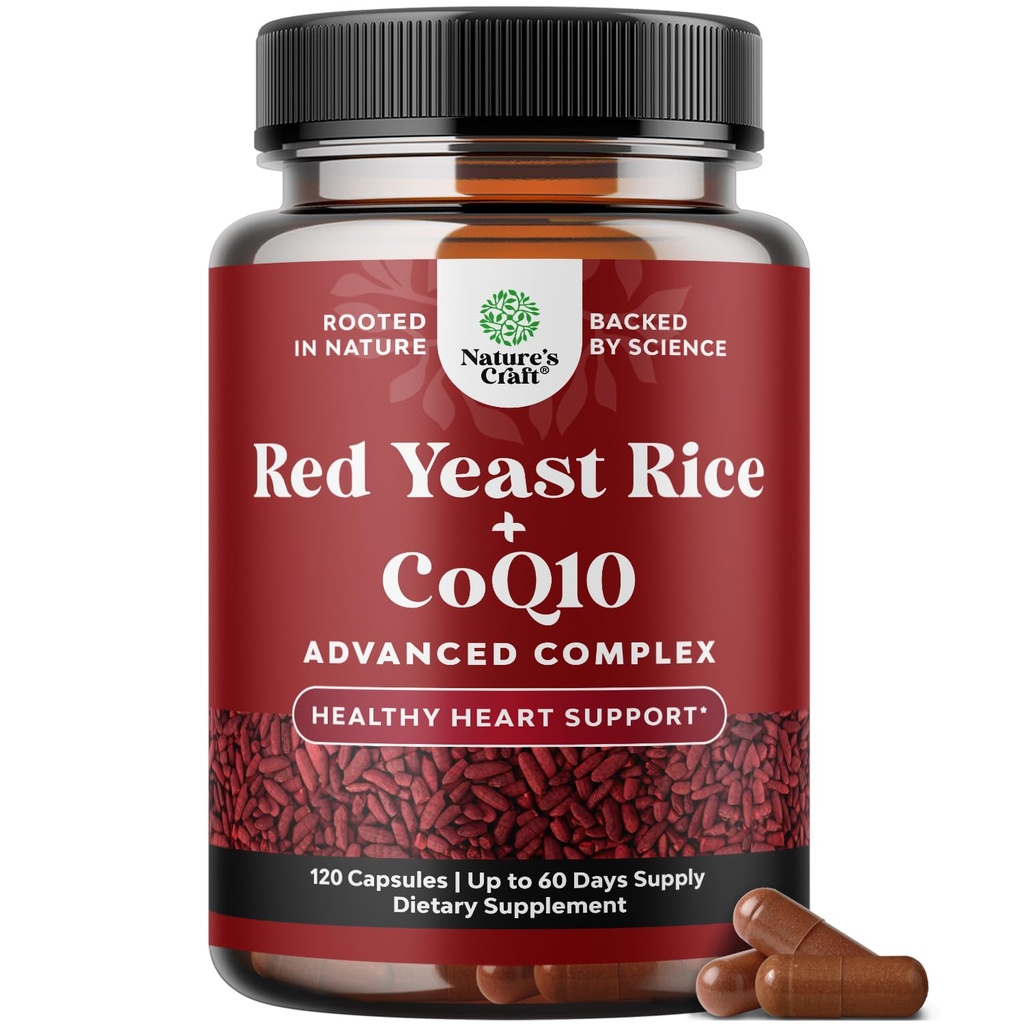 Red Yeast Rice CoQ10 täydennysosa - Advanced Terve sydän & terve Kolesterolitasot Formula miehille & naisille - Extra Strength Kapselit punainen riisi 1200 mg kapselit CoQ10-120