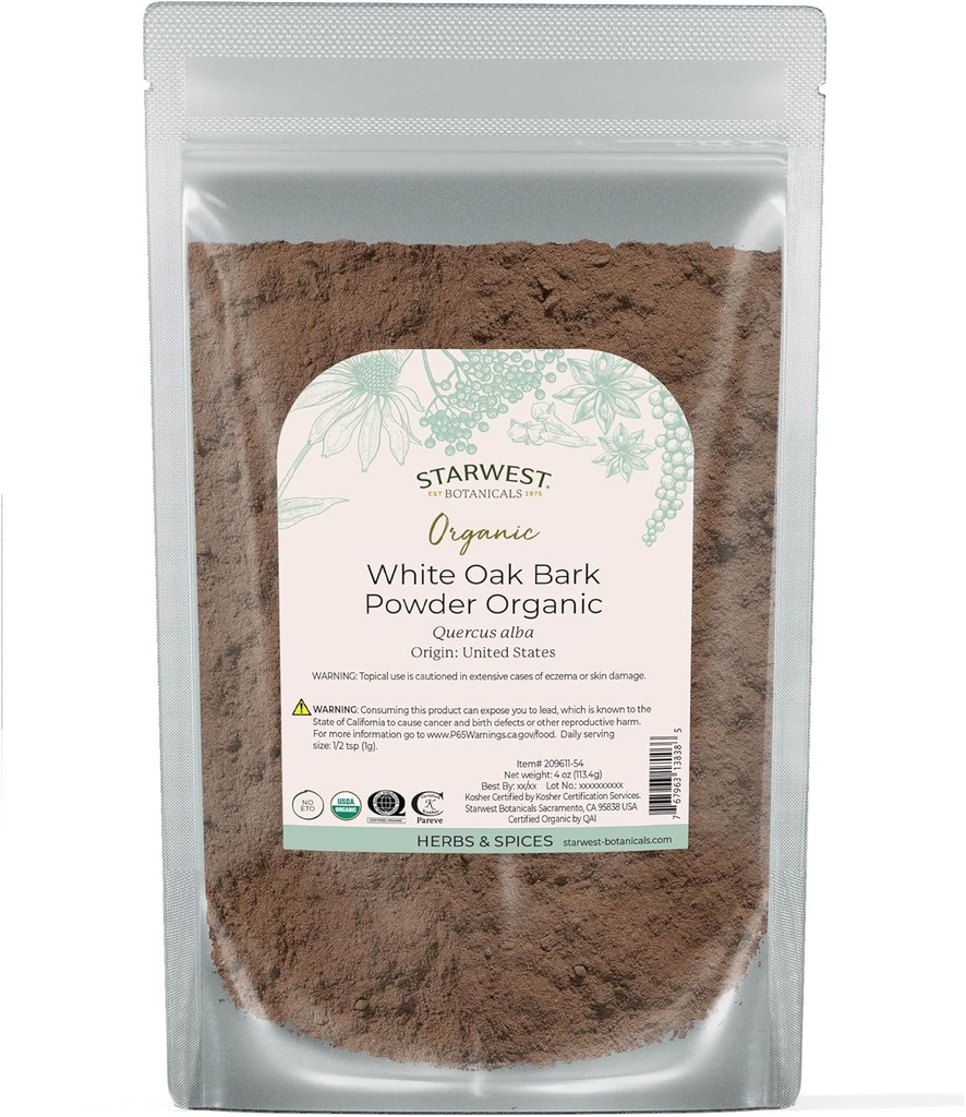 Starwest Botanicals White Oak Bark Powder Organic - Torkad ört för Tea & Natural Herbal Blends, Pure Quercus Alba, Certified Kosher, Non-GMO - 4 oz Pouch