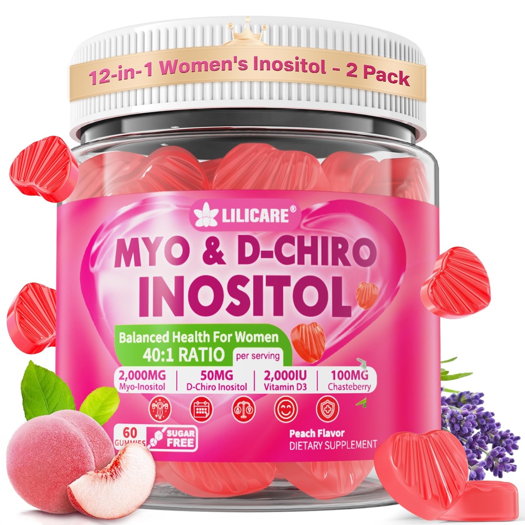 Inositol Gummies för kvinnor + Chasteberry, Myo-Inositol & D-Chiro Inositol 2000mg + 50mg Ideal 40:1 Ratio med Methylated B12 & Folate, Choline, Magnesium, Vitamin D3 för övergripande hälsa, Pack of 2