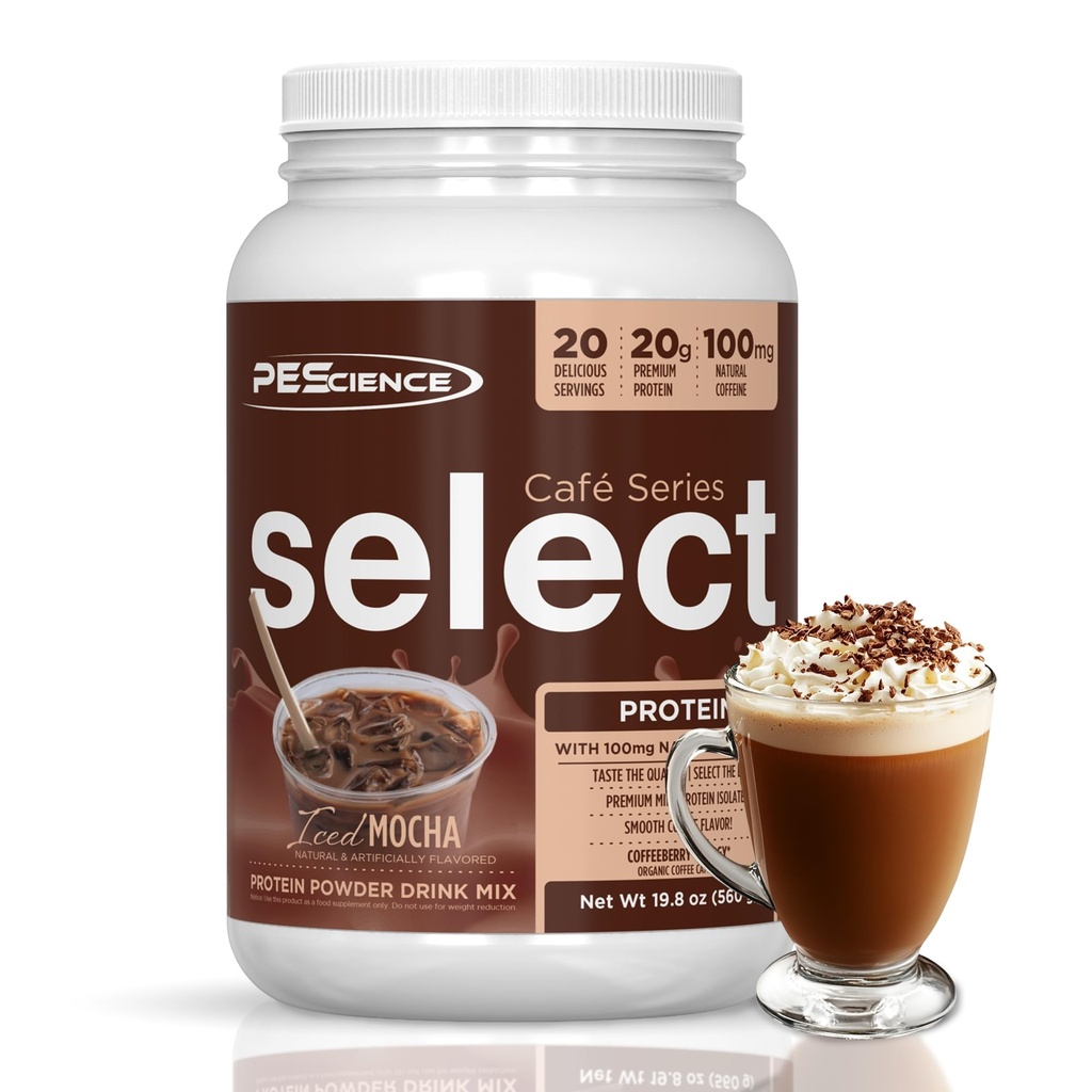 PEScience Select Cafe Protein Coffee Maustettu jauhe, Iced Mocha, 100mg kofeiini, 20g Iced Protein kahvijauhe tai kerma, 20 tarjoilua
