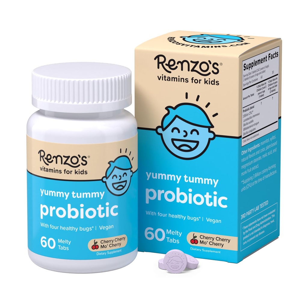 Renzo's Kids Probiootti, ratkaistavissa olevat Probiootit digestiiviselle terveydelle ja immuunituelle, 60 Cherry-Flavored Melty Tabs