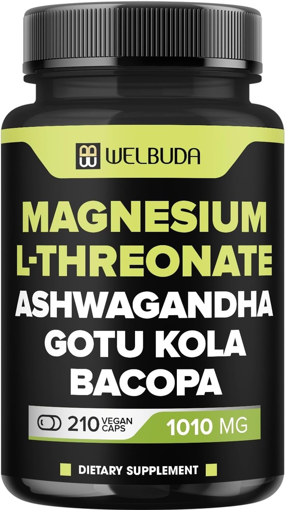 Magnesium L-Threonate kapslar 1010mg - 210 kapslar - Blended med Ashwagandha Root, Gotu Kola Leaf & More