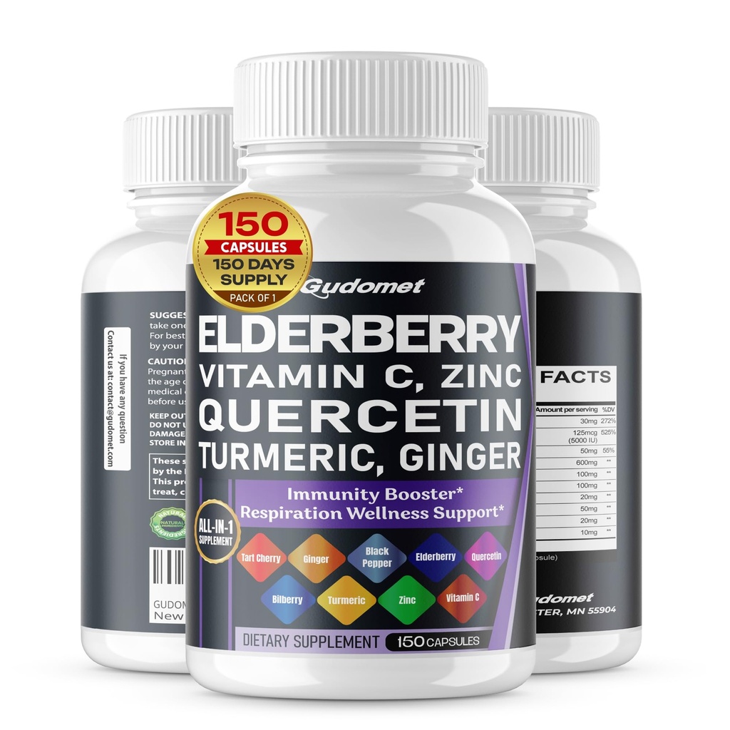 Elderberry Quercetin Bilberry Turmeric Tart Cherry Ginger Vitamin C Vitamin D3 Zink Black Pepper -150 kapslar - Made in USA