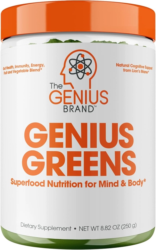 The Genius Brand Genius Greens - Greens Powder for Healthy Mind & Immuniteetti Tuki - Organic Vihannekset, Mustikat & Lion's Mane - Kätevä Drink Mix - Miellyttävä maku - 20 tarjoilua