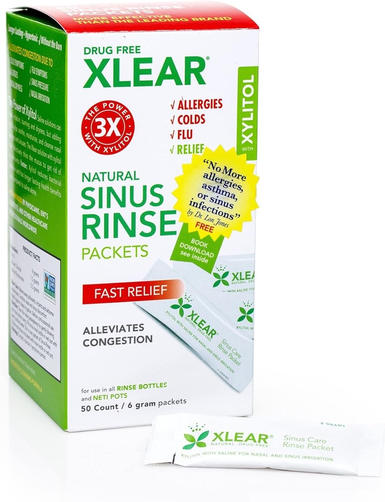 Xlear Natural Xylitol Sinus Rinse Refill, Neti Pot Saline Packets - nenän puhdistaja nopea paine ja ruuhkautumista helpottava, toimii useimmat nenän kastelujärjestelmät, 50 Count (Pakkaus 1)