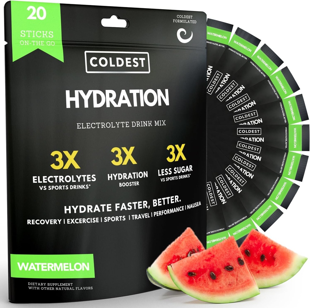 Kylmä Hydraation - Elektrolyyttejä jauhe paketteja - ei GMO & ei keinotekoista sokeria - Elektrolyytti juoma Mix - Helppo avoin yhden selvingin tikku pudota veteen - 20 tikkua per pakkaus (Watermelon)
