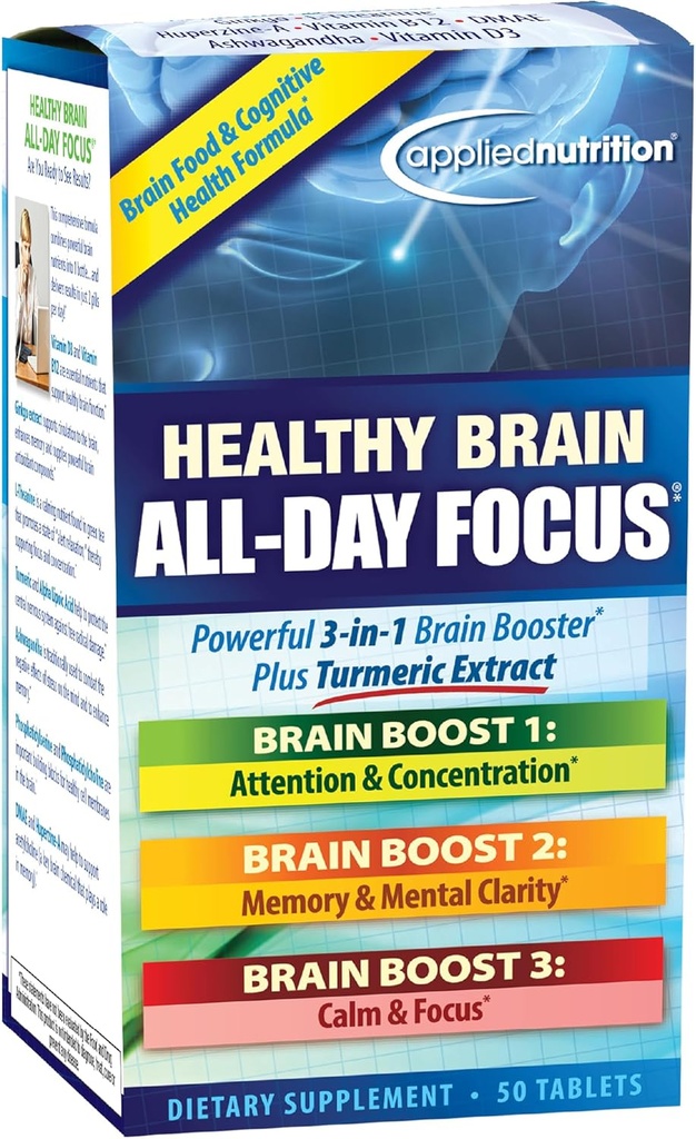 Applied Nutrition Terveet aivot All-Day Focus - 50 tablettia - Tehokas 3-in-1 aivojen Booster kanssa Turmeric Extract - 25 tarjoilua