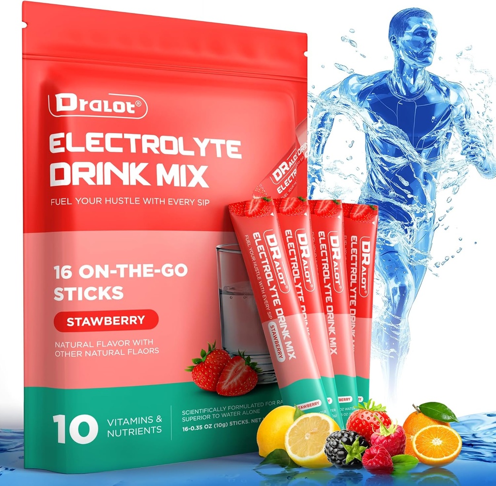 Sokeriton Elektrolyyttijauhe, jossa on luonnon makuja, 3X Rapid Hydration Packets with 10 Elektrolyytti & Vitamiineja, Liquid Daily IV, Ei-GMO, Gluteenittomat, Keto, Vegan, 16 Sticks, Mansikka