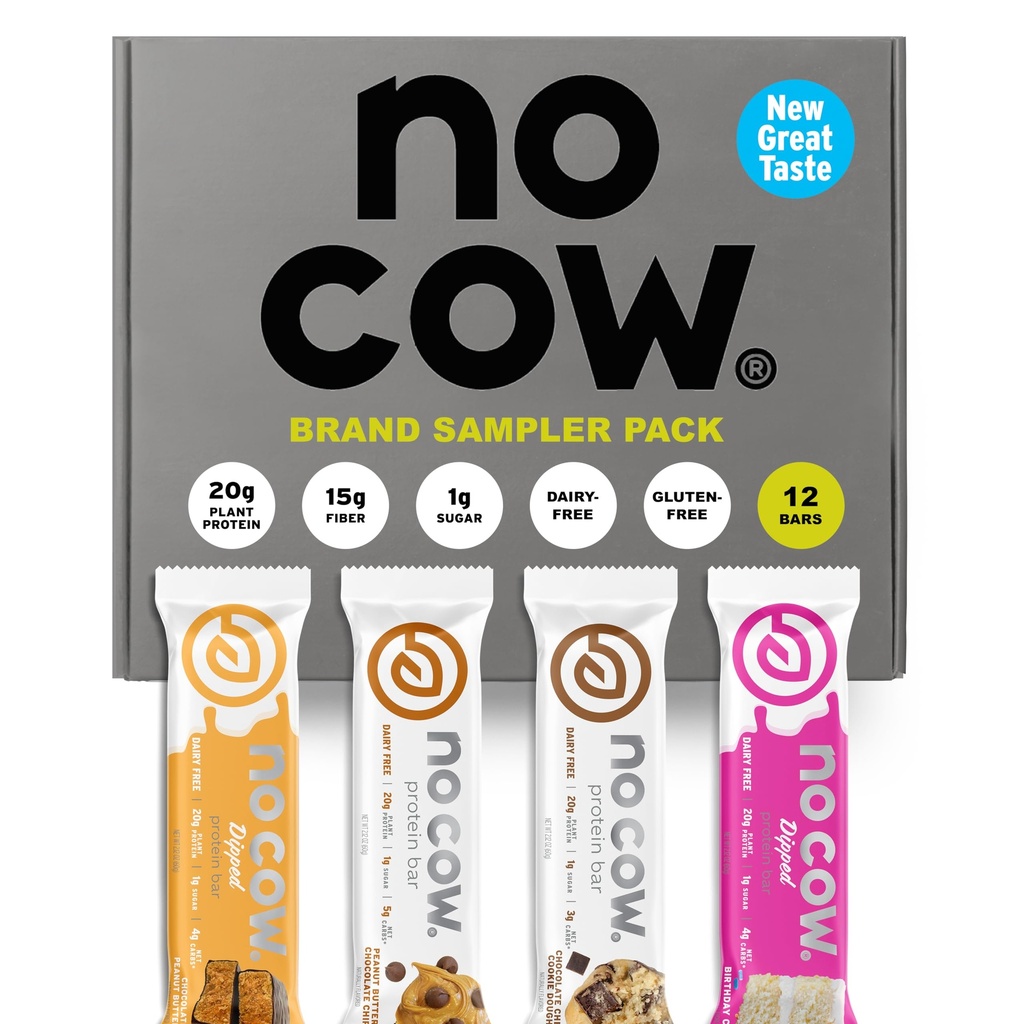 No Cow Vegan Protein Bars, Upgraded Brand Sampler Pack | 20g Plant Based Protein, Gluten Free, Dairy Free, Soy Free, Keto Friendly, Low Sugar, High Fiber Snack Bars | Pack med 12