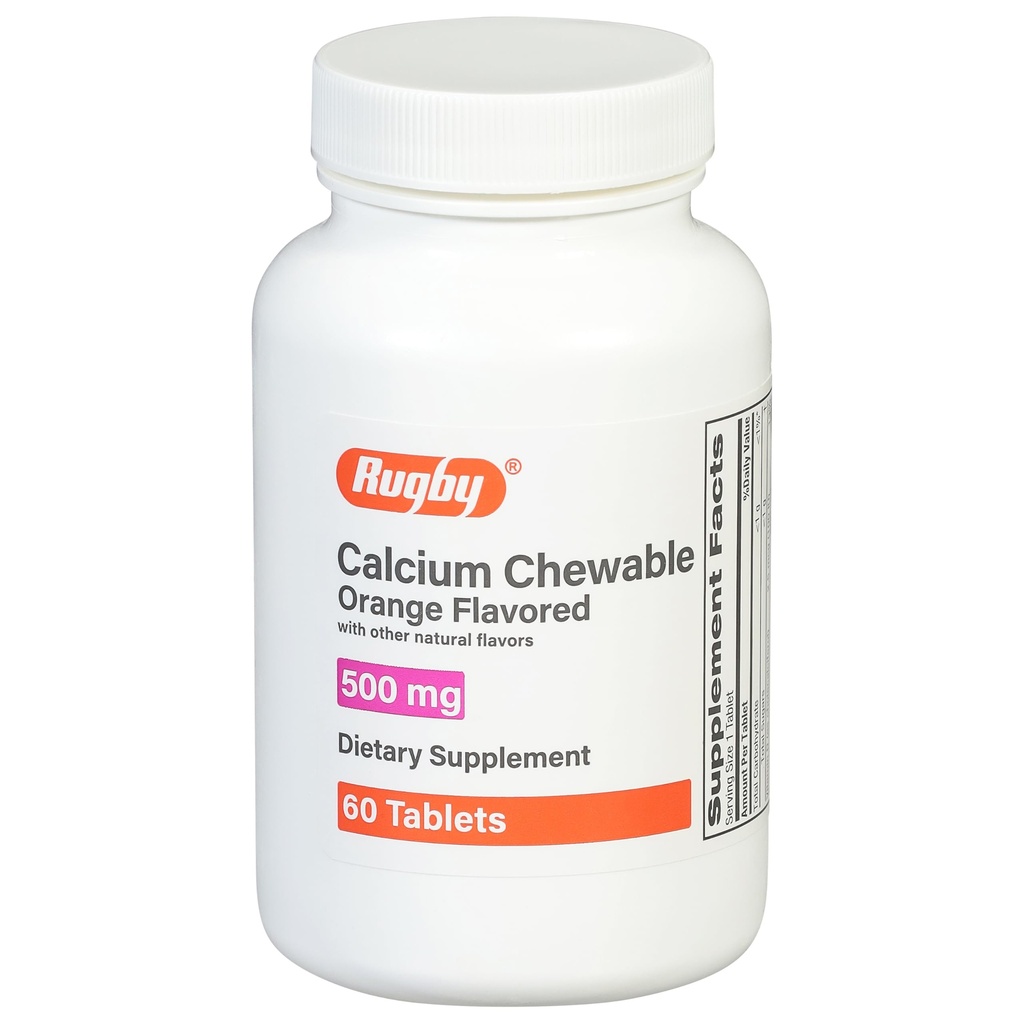Rugby 500mg Calcium Chewable Tablets - Kosttillskott - Orange smaksatt - 60 greve (1 Pack)