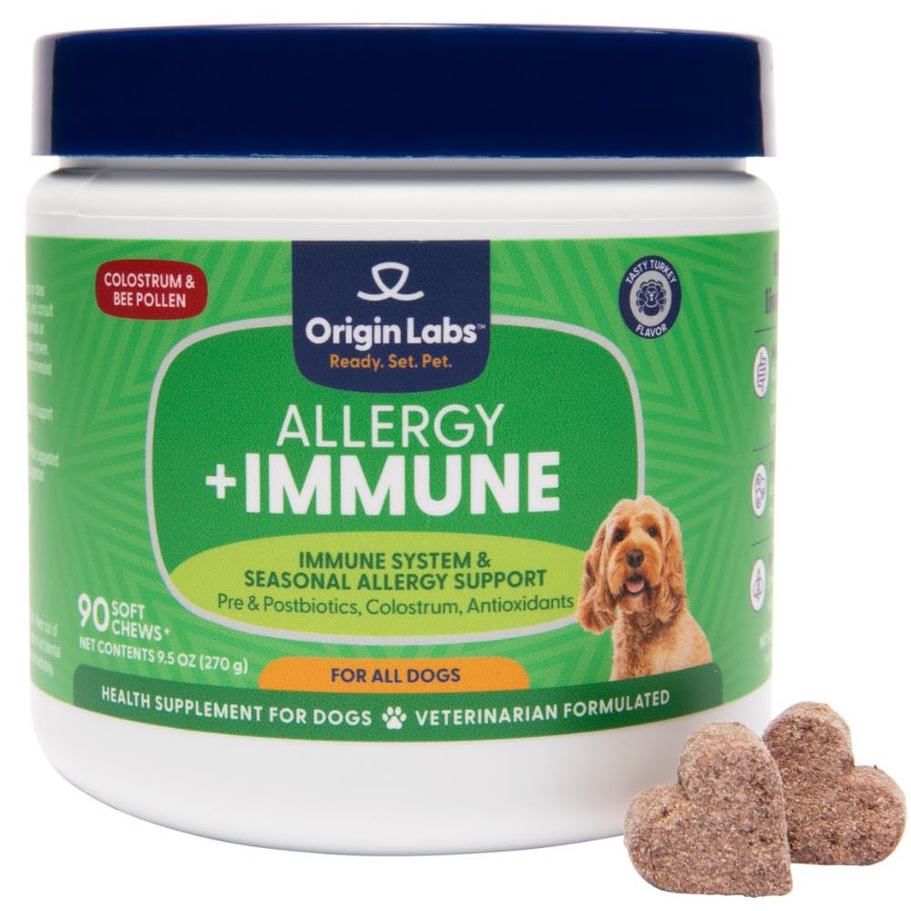Origin Labs Allergy and Immuno Support Supplement, Omega 3 Fish Oil, Bee Pollen, Colostrum, Probiootit, Prebiootit Gut Health, ihon ja turkin terveys, Antioksidantit, Turkki Flavor, 90 Soft Chews