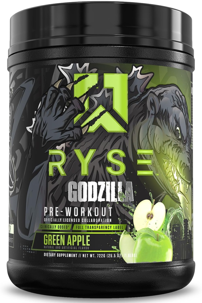 RYSE Godzilla X Noel Deyzel Pre Treenout Powder - Green Apple - 400 mg Kofeiini, High Stim Pre-Workout miesten & naisten kanssa Citulline & Beta Alanine - energia, pumppu & Focus - 20/40