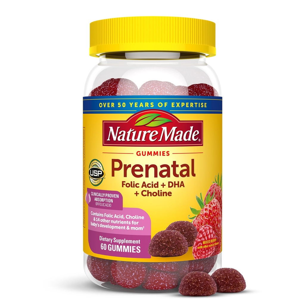 Nature Made Prenatal Gummies med DHA och Folic Acid, Prenatal Vitamin och Mineral Supplement för dagligt näringsstöd, 60 Gummies, 30 Day Supply