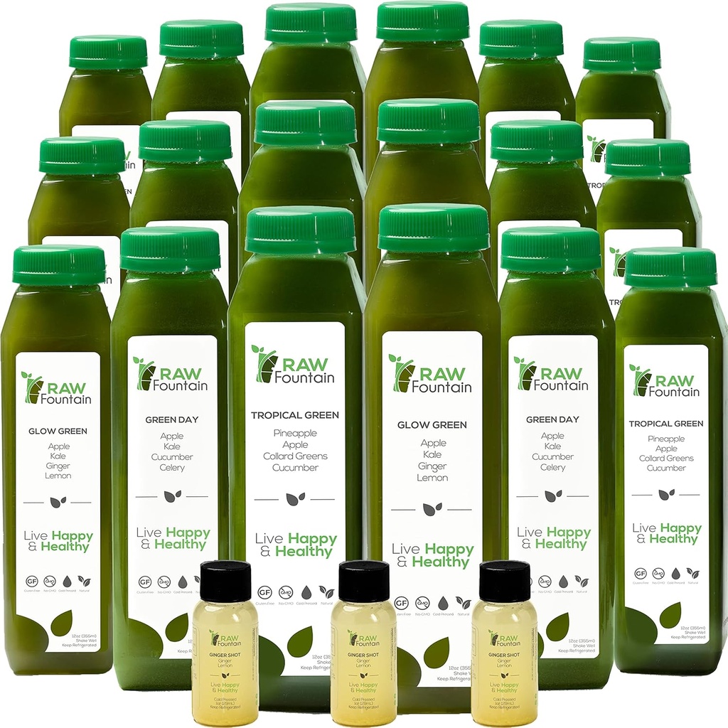 5 päivää Vihreä Juice Cleanse Raw Fountain, Kaikki luonnon raaka, Vegan Detox, Kylmä Painutettu Juice, 30 pullot 12oz, 3 inkivääri shotteja