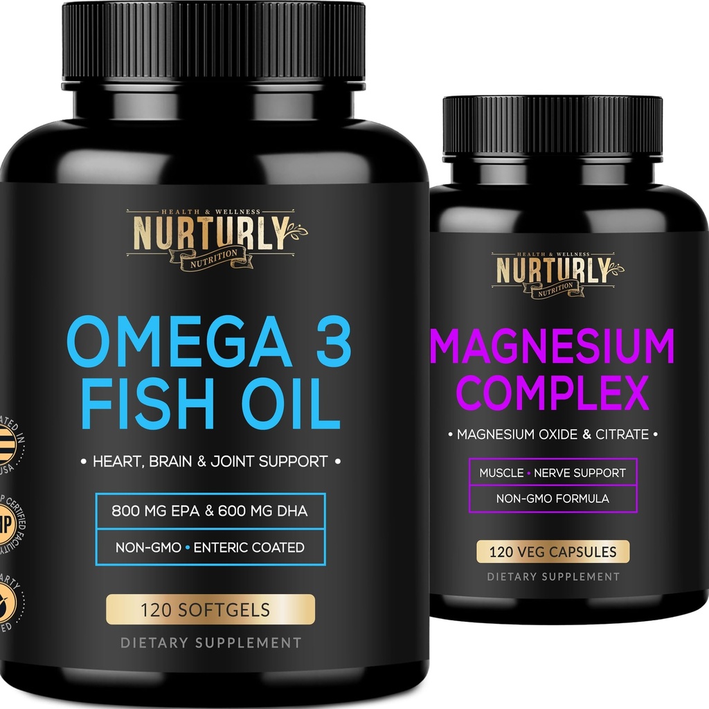 Magnesiumkomplex och Omega 3 Fiskolja - Magnesiumcitrat 500MG - Fiskolja 2000mg, 800mg EPA och 600mg DHA - Muskelavslappning, sömn och energi, benhälsa, hjärna och hjärta