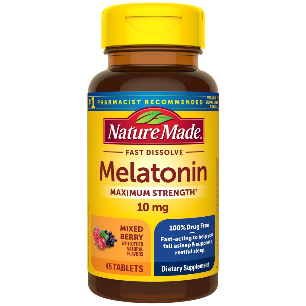 Nature Made Melatoniini 10 mg Nopea liuotus, Maksimi vahvuus Nighttime Unilääke aikuisille, 100% Drug-free, 45 tablettia