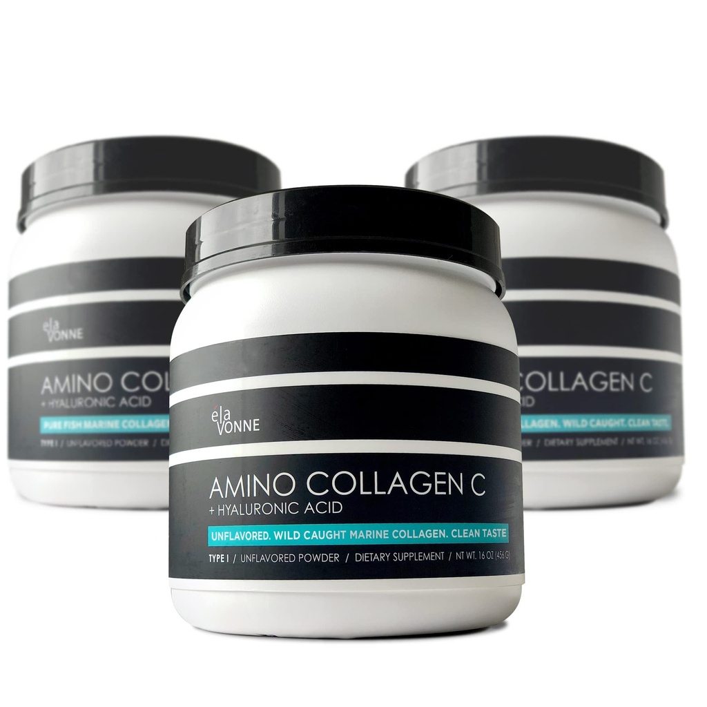 (3 pakkaus) Aminokollageeni C - Collagen Powder (180 Scoops) - Marine Collagen Peptides + hyaluronihappo. Ei sokeria. Ei Odor. Non GMO. USA. varten Hiukset, iho, kynnet, nivelet, & Gut Health.