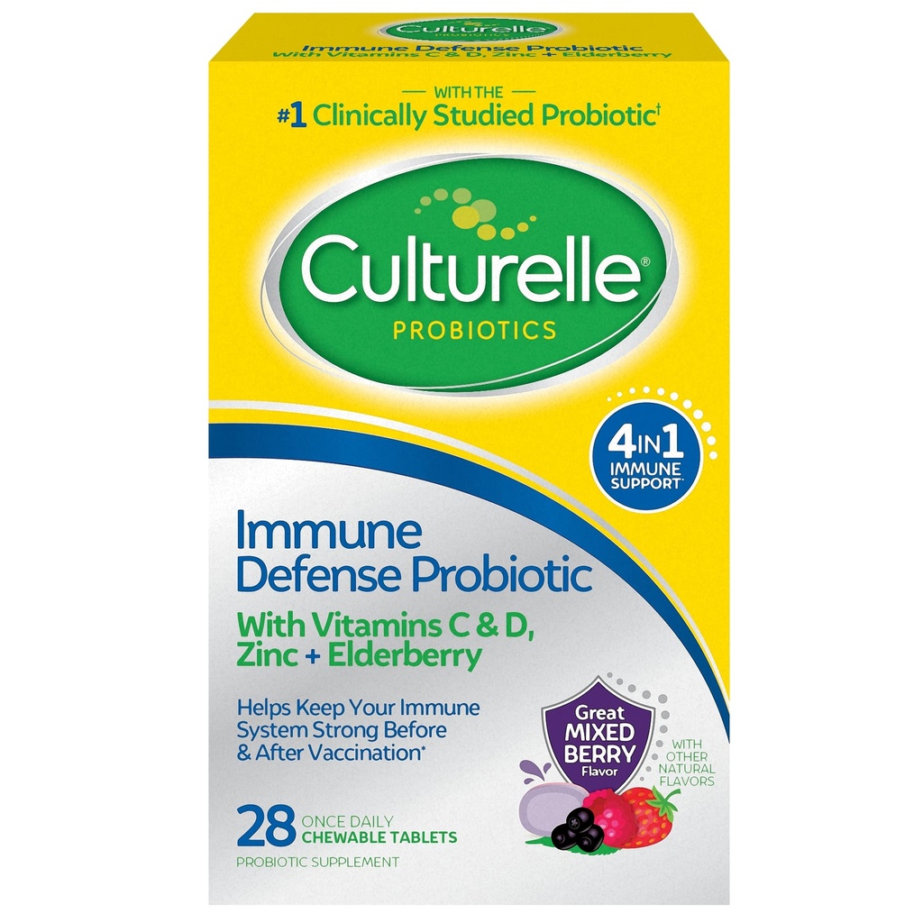 Culturelle Immune Defense Daily Probiotic för kvinnor och män - 28 greve, blandade Berry Chewables med 4-i-1 Immune Support. Probiotisk vitamin C, vitamin D och Zinc Plus Elderberry