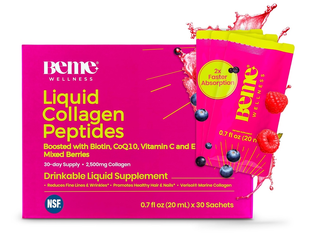BeMe Liquid Collagen naisille - 2500 mg Verisol hydrolysoitu Marine Liquid Collagen - Kliinisesti testattu Collagen täydentää - Nopea imeytyminen, korkea hyötyosuus - tukee ihoa, hiukset ja kynnet