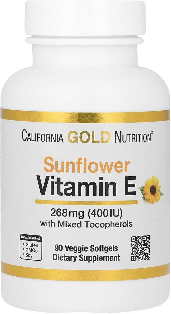 Kalifornia Gold Nutrition Auringonkukka-vitamiini E sekoitettuna tokoferolien kanssa, 400 IU, 90 Kasvis Softgels