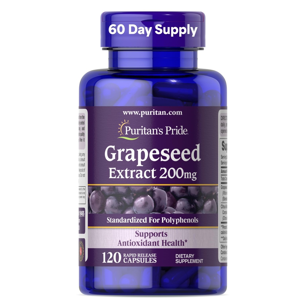 Puritans Pride Grapeseed Extract 200mg, Kosttillskott för antioxidant och hjärthälsostöd, 2 månaders leverans, 120 Rapid Release Capsules