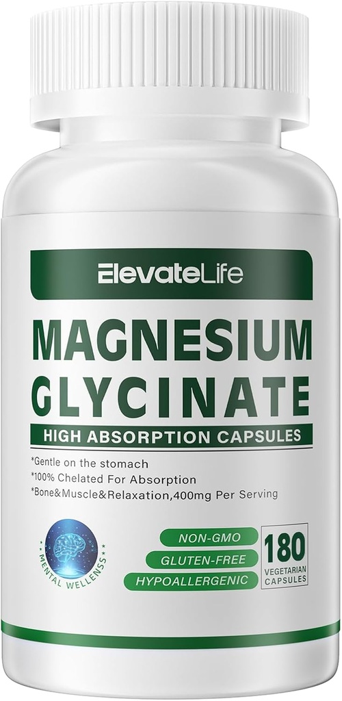 Magnesium Glycinate 400 MG per tarjoilu 100% kelated for High Imeytyminen, Hellävarainen vatsa, ei-GMO, 180 kasvissyöjän kapselit