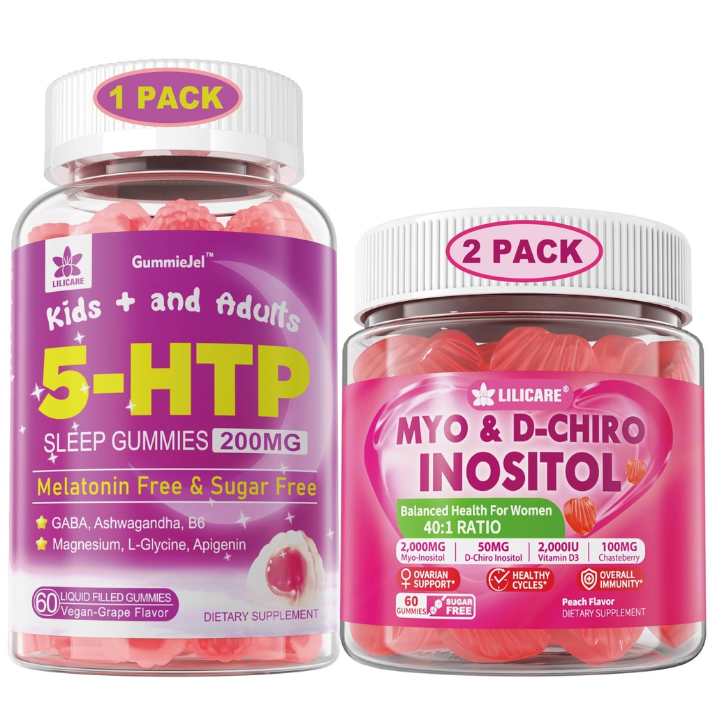 LILICARE Bundle: 5HTP Gummies kanssa Magnesium Glycinate - Melatoniini vapaa uni Gamies aikuisille & lapsille 8+ & Inositol Gumies Ihanteellinen 40:1 Ratio Myo & D-Chiro Inositoli täydennysosa