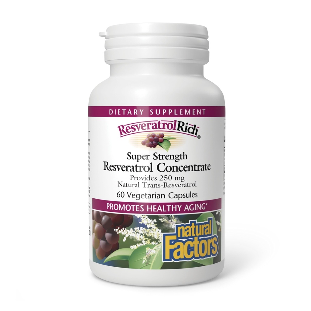 ResveratrolRich Natural Factors, Super Strength Resveratrol Concentrate, edistää Terve ikääntyminen, 60 kapselia (60 annosta)