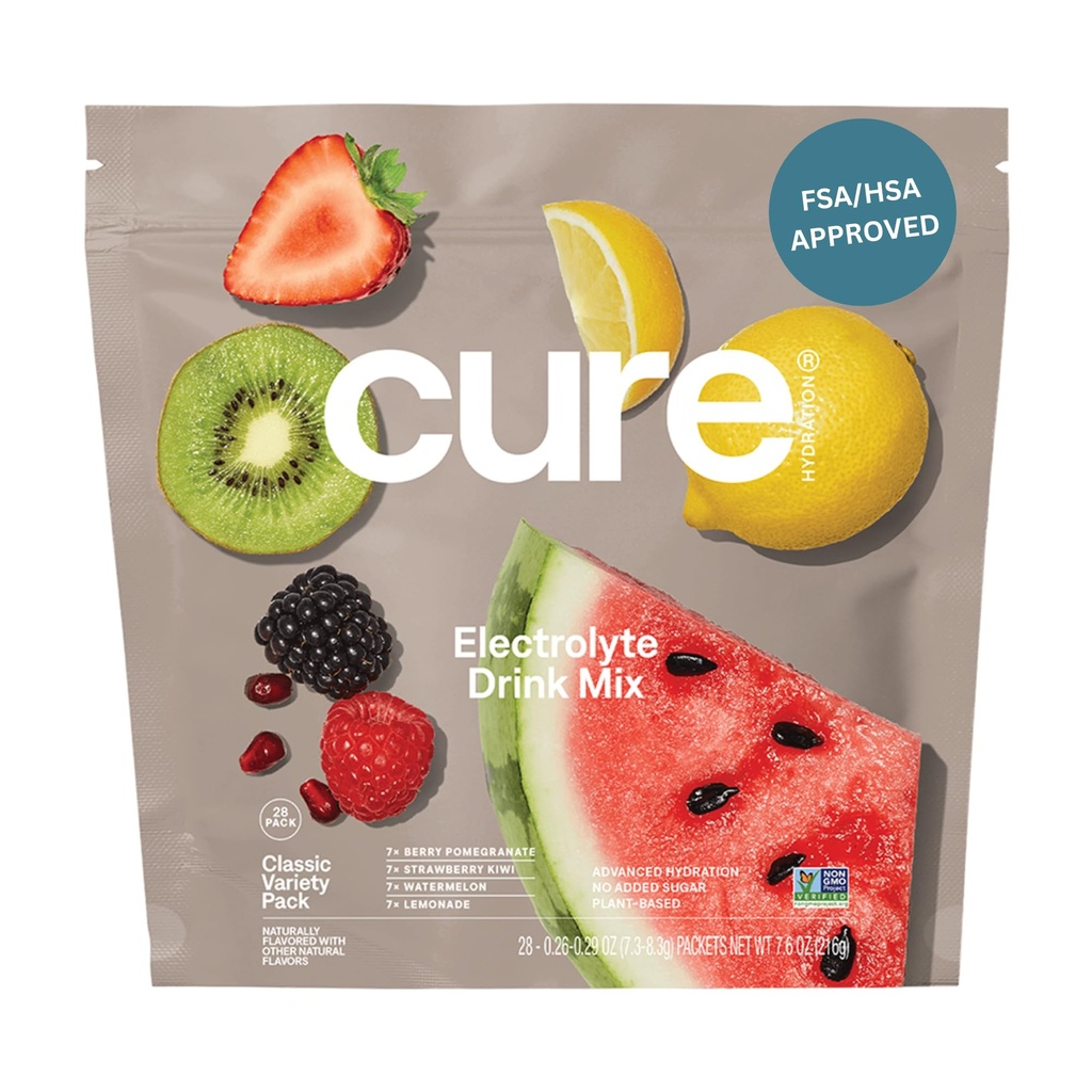 Cure Hydration | Plant-Based Electrolyte Drink Mix | No Added Sugar | FSA-HSA | Dehydration Relief Powder Made with Coconut Water | Icke-GMO | Vegan | 28 Packets - Variety Pack
