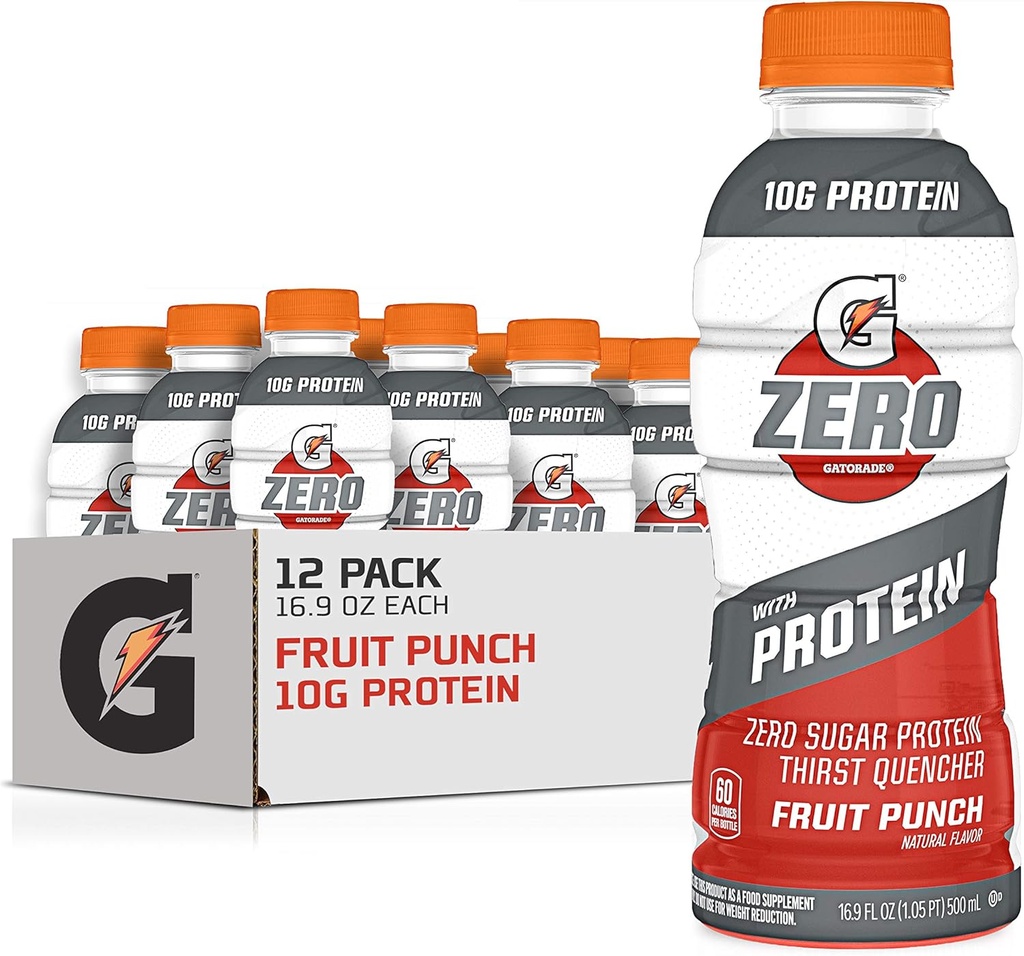 Gatorade Zero proteiinin kanssa, 10g Whey Protein Isolate, Zero Sugar, Electrolytes, Fruit Punch, 16,9 Fl Oz, 12 pakkaus