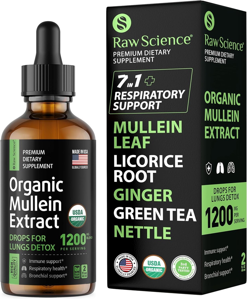 Organic Mullein Drops for Lungs - Respiratory Support & Mucus Relief - Lung Detox för rökare: Mullein Leaf Extract, Licorice, Ginger, Oregano & Nettle Leaf, Thyme - Lung Cleanse Herbal Extract, 2oz