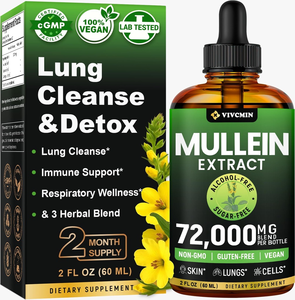 Mullein Drops for Lungs, 3-in-1 Mullein Leaf Extract for Lungs Health, Herbal Hengityselin keuhkojen terveys Support Supplement, Tuki Immuuni & Ruoansulatuskyky, Sokeri & Alkoholiton - 2 FL OZ