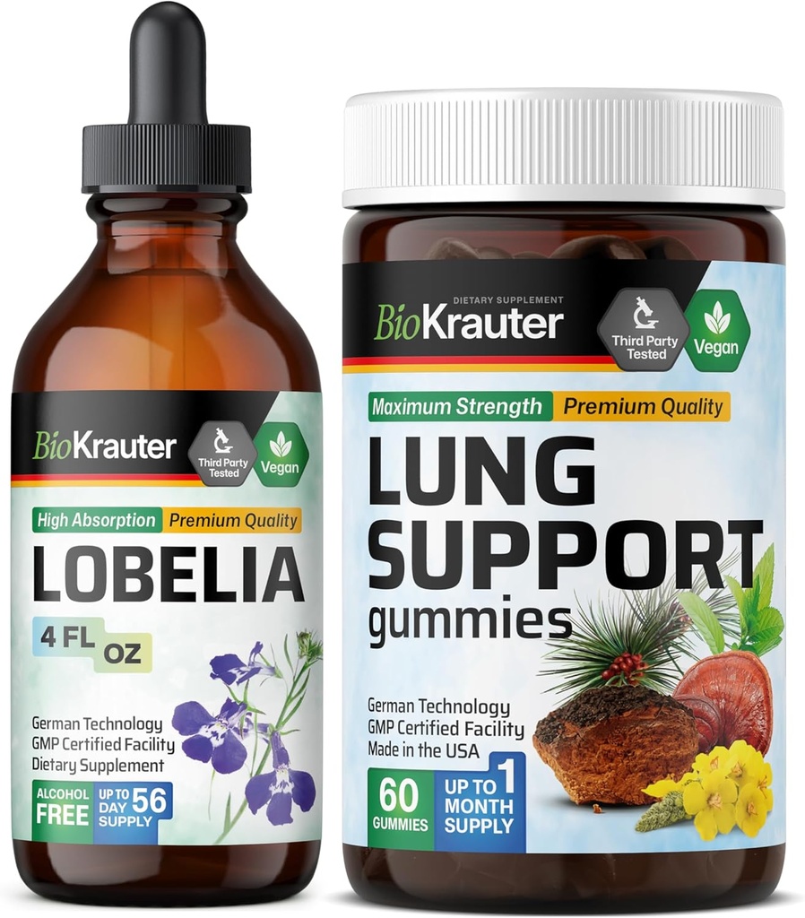 BIO KRAUTER Lobelia Tincture 4 Fl. Oz. & Lung Detox 60 Gummie