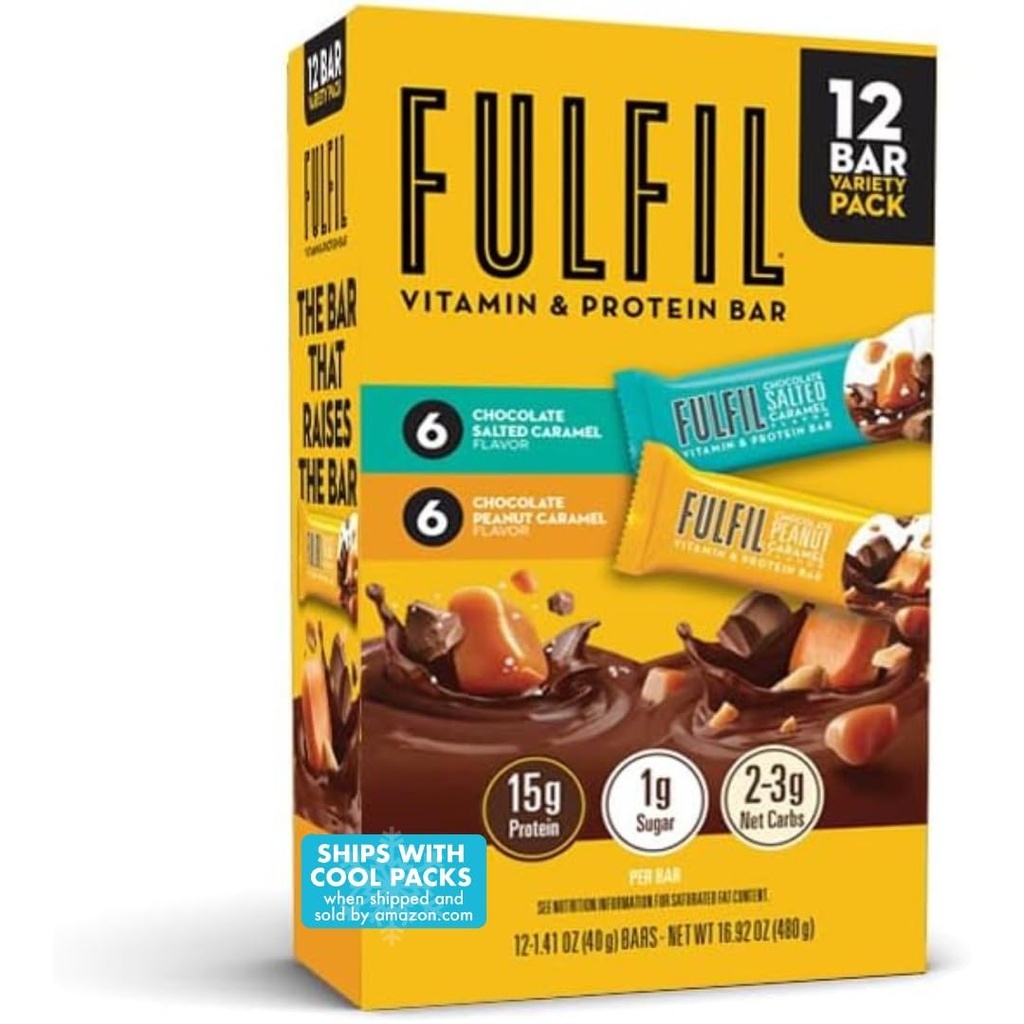 FULFIL Protein Snack Bars, 6 Chocolate Peanut och Caramel & 6 Chocolate Salted Caramel, 15g Protein, Pantry Staples, 12 Count