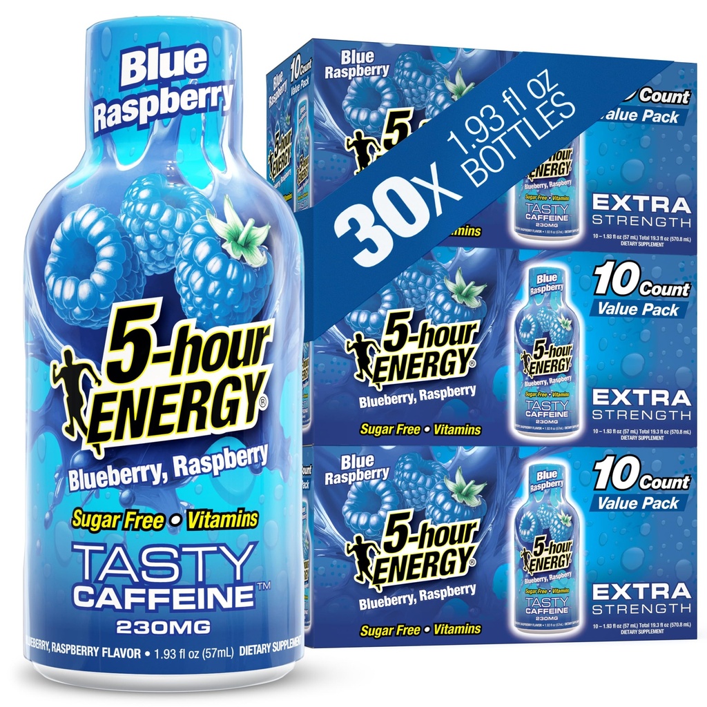 5-timmars ENERGY Shots Extra Strength, Blue Raspberry Flavor, 30 Count, 1.93 Fl Oz, Sugar Free, Zero Calories, Amino Acids och Essential B Vitamins, Dietary Supplement, Känn Alert och Energized, 230 mg Koffein