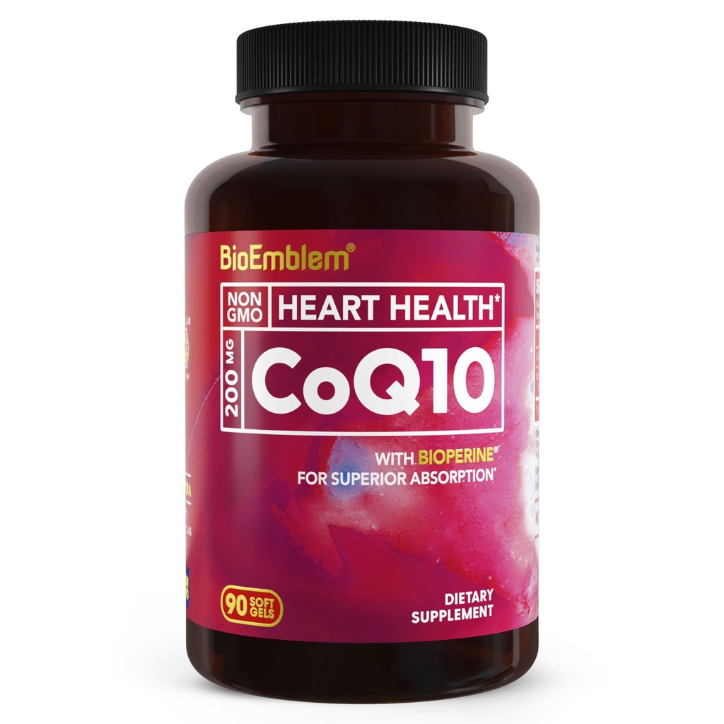 BioEmblem CoQ10 BioPerine - 200 mg Softgels, korkea imeytyminen - Coenzyme Q10 Antioksidantti energiantuotantoon, Heart Health - Natural Form, non-GMO CoQ10 täydennysosa - 90 Count