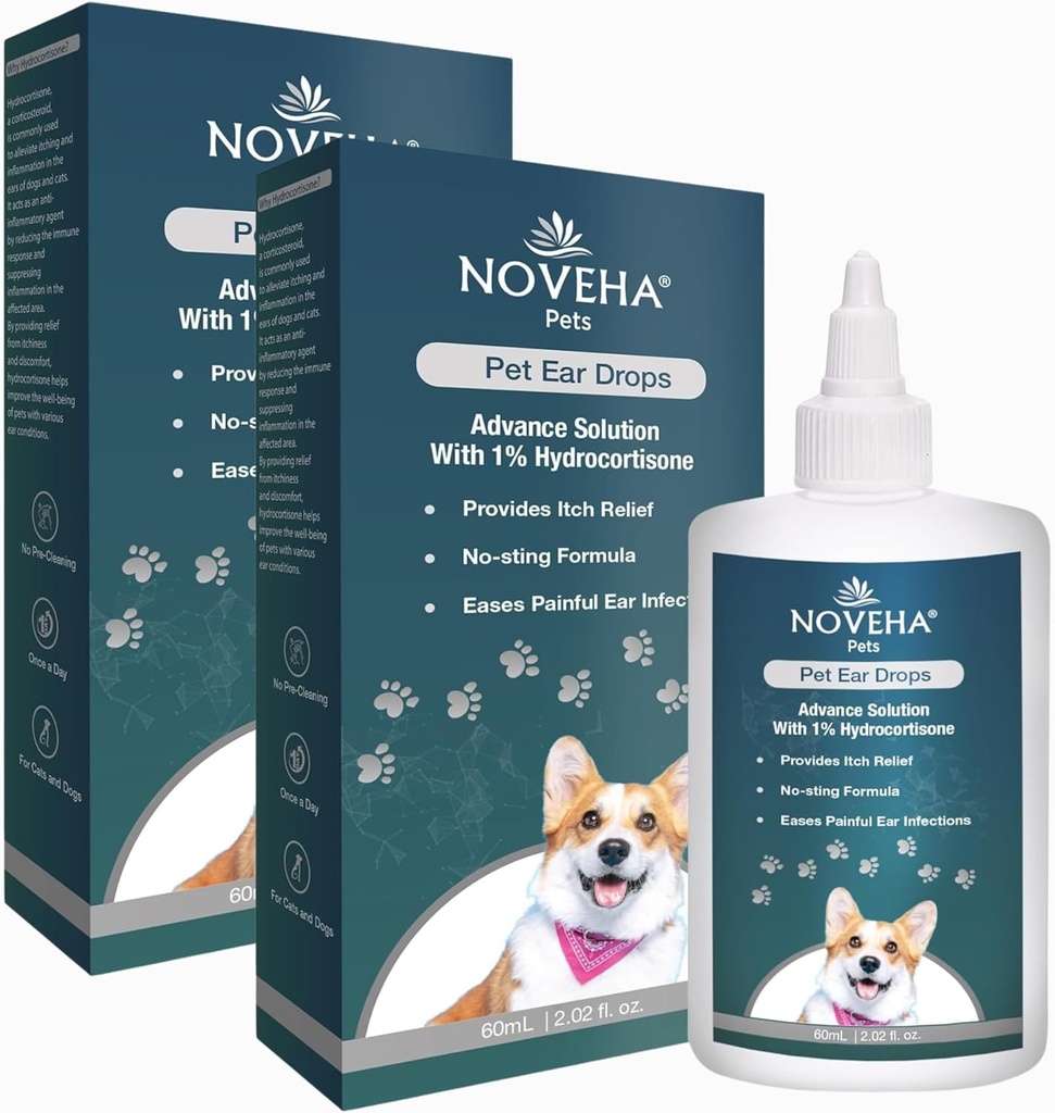 NOVEHA-lemmikkikorvatipat, joilla on 1% hydrokortisonia.