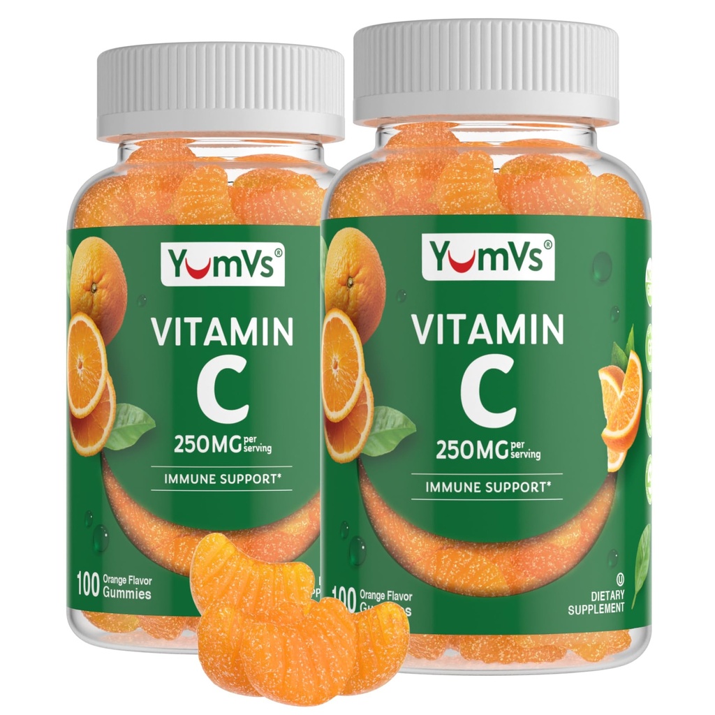 YumVs Vitamin C Gummies for Adults - 250 mg Orange smaksatt vitamin C Gummy - Vitamin C Chewable Immune Gummies for Adults - Immune Support Supplement - Kosher, Halal, Gluten Free (200 greve), 2 Pack